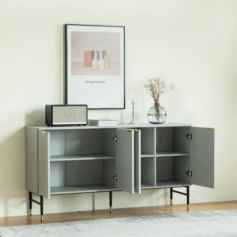 Aparador buffet gris moderno de 4 puertas con puertas geométricas