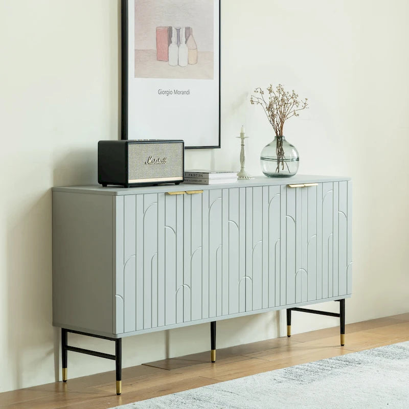 Aparador buffet gris moderno de 4 puertas con puertas geométricas