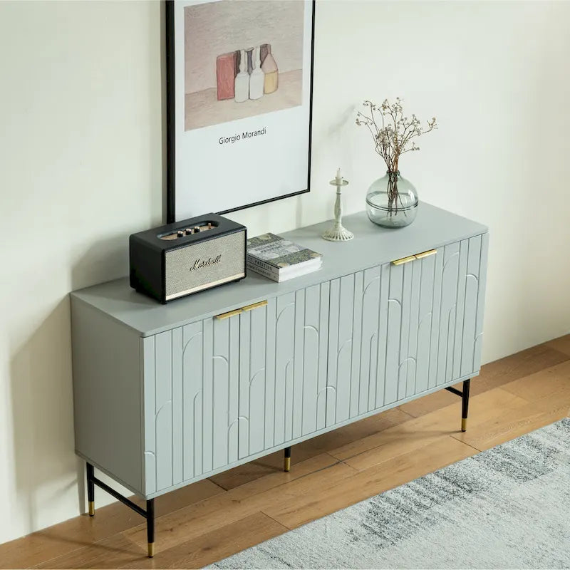 Aparador buffet gris moderno de 4 puertas con puertas geométricas