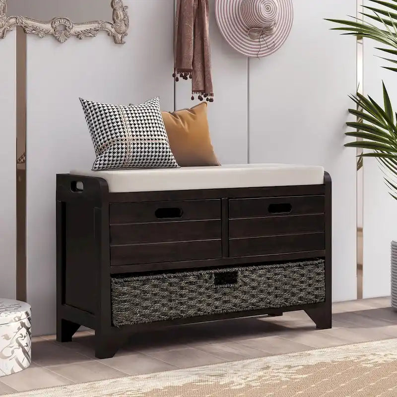 Banco de almacenamiento de madera con 2 cajones, cesta extraíble y cojín