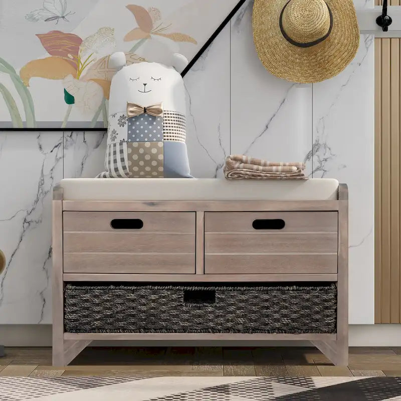 Banco de almacenamiento de madera con 2 cajones, cesta extraíble y cojín