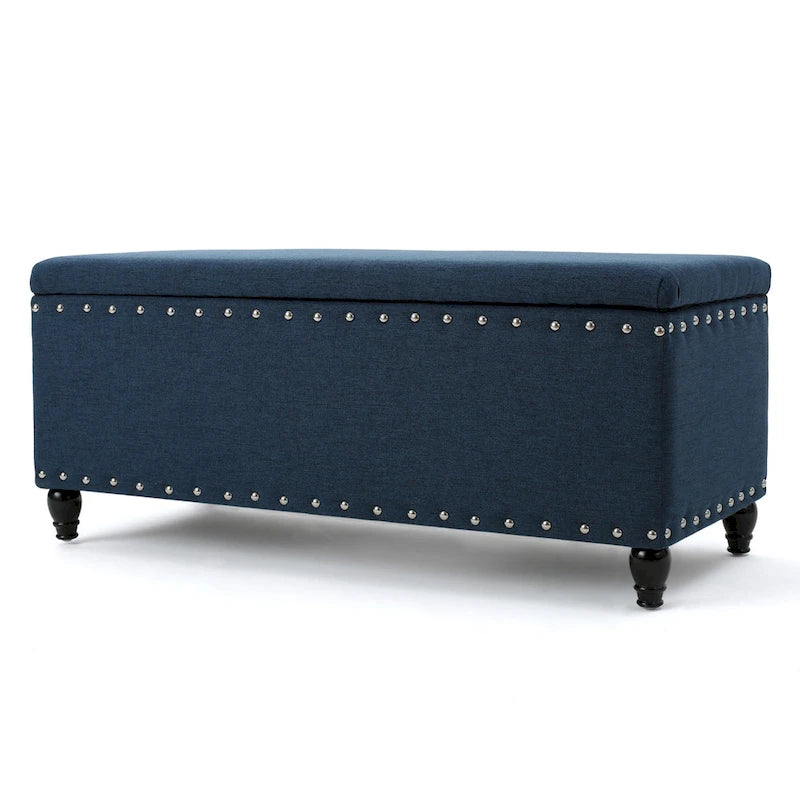Sharon Storage Ottoman Bench, Navy Blue Fabric, Nailhead Trim, 42 Inch