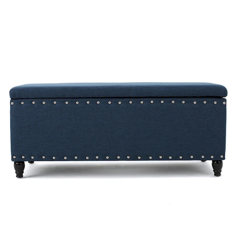 Storage Ottoman Bench, Navy Blue Fabric, Nailhead Trim, 42 Inch
