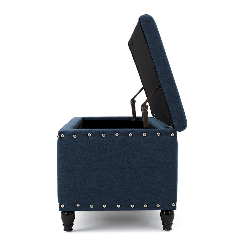 Storage Ottoman Bench, Navy Blue Fabric, Nailhead Trim, 42 Inch