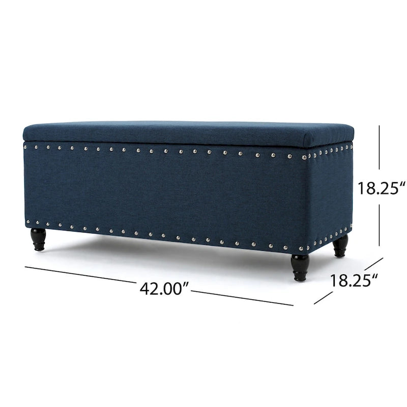 Storage Ottoman Bench, Navy Blue Fabric, Nailhead Trim, 42 Inch