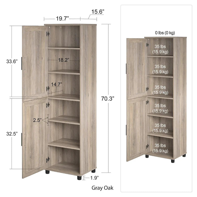 Despensa de cocina de 2 puertas con estantes ajustables, roble gris rústico