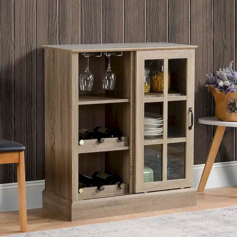Buffet marron avec porte vitrée coulissante, porte-bouteilles de 6 bouteilles et rangement pour verres à pied
