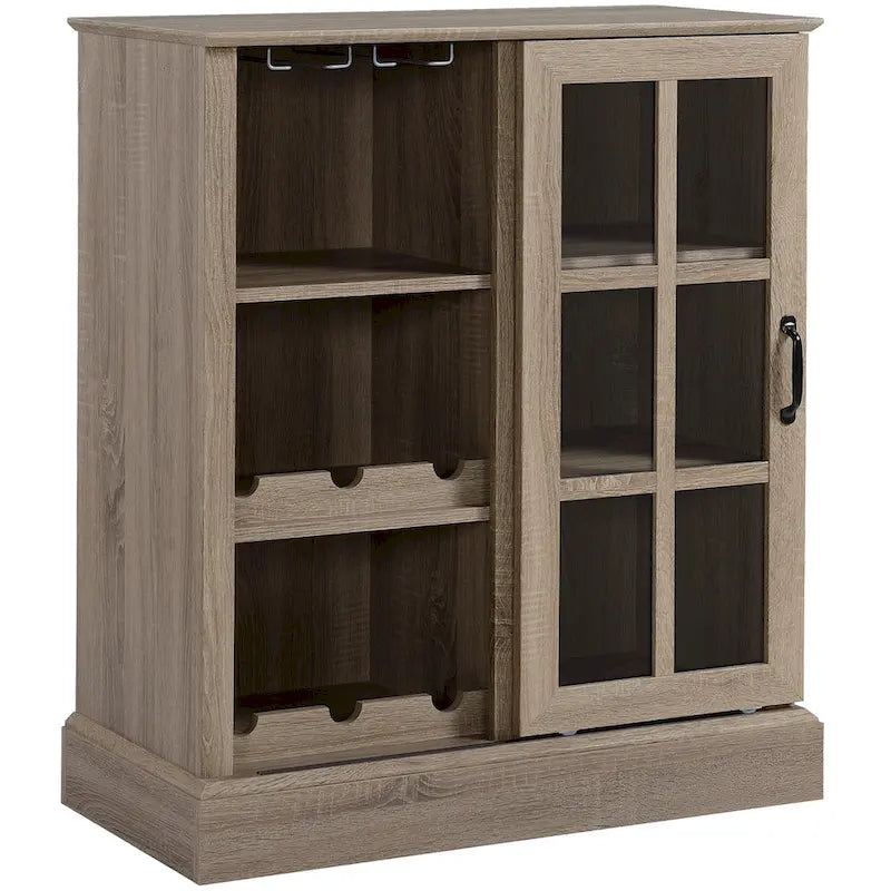 Buffet marron avec porte vitrée coulissante, porte-bouteilles de 6 bouteilles et rangement pour verres à pied