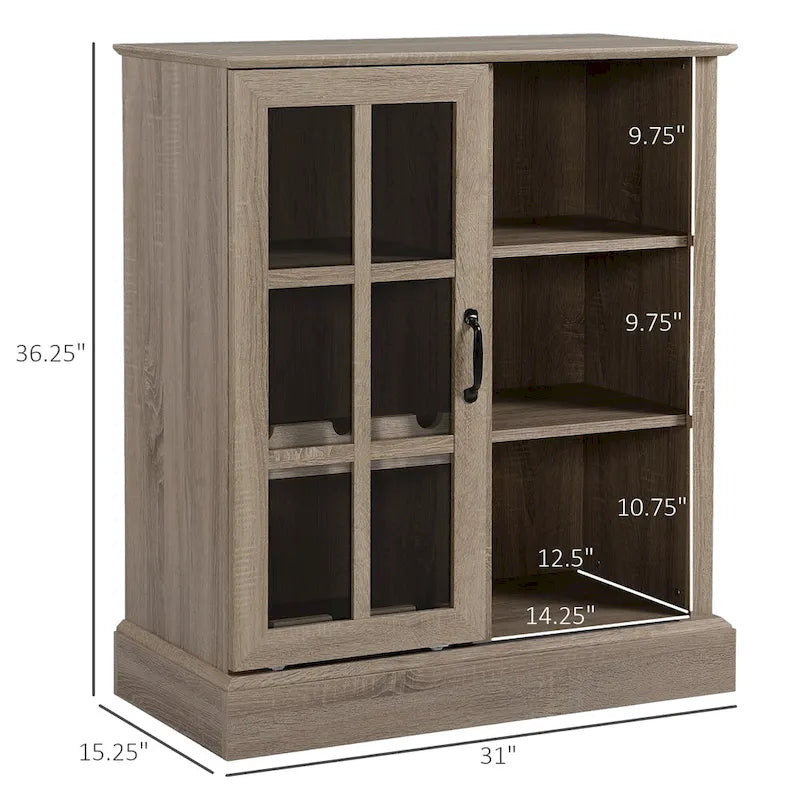Buffet marron avec porte vitrée coulissante, porte-bouteilles de 6 bouteilles et rangement pour verres à pied