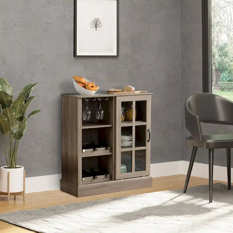 Buffet marron avec porte vitrée coulissante, porte-bouteilles de 6 bouteilles et rangement pour verres à pied
