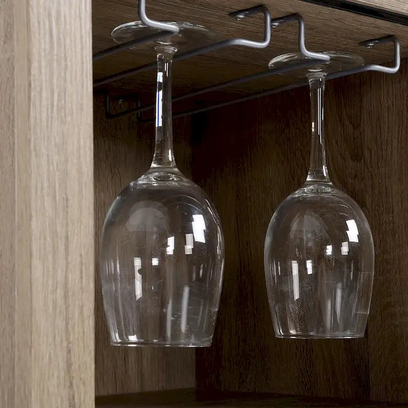 Buffet marron avec porte vitrée coulissante, porte-bouteilles de 6 bouteilles et rangement pour verres à pied