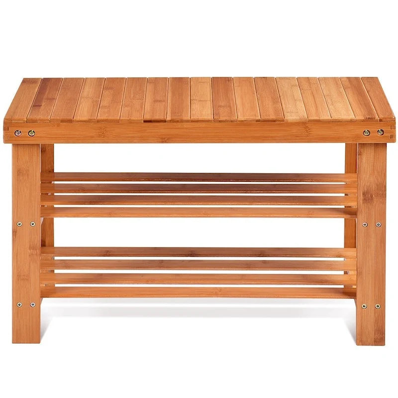 Bamboo Shoe Storage Bench with 2 Shelves - 27.5 x 11 x 17.5 in
