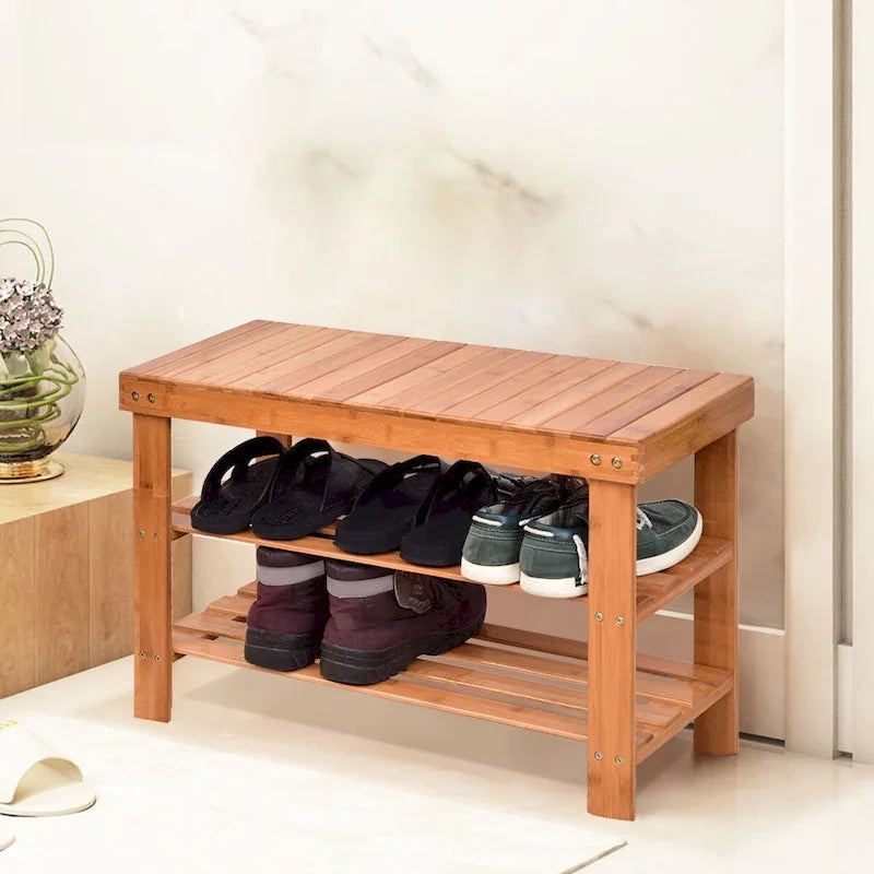 Bamboo Shoe Storage Bench with 2 Shelves - 27.5 x 11 x 17.5 in