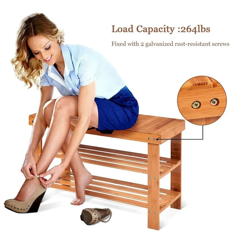 Bamboo Shoe Storage Bench with 2 Shelves - 27.5 x 11 x 17.5 in