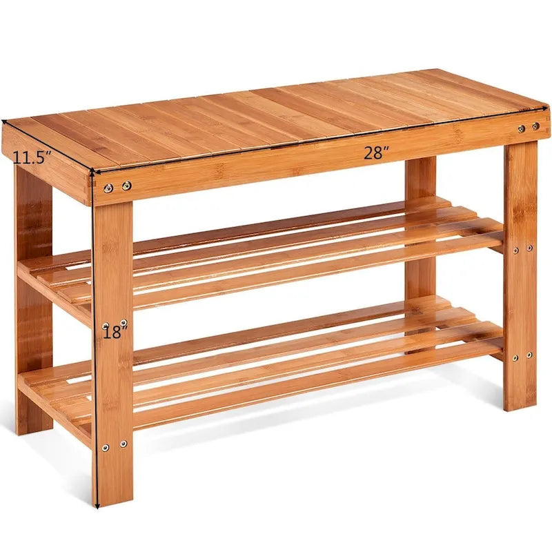 Bamboo Shoe Storage Bench with 2 Shelves - 27.5 x 11 x 17.5 in