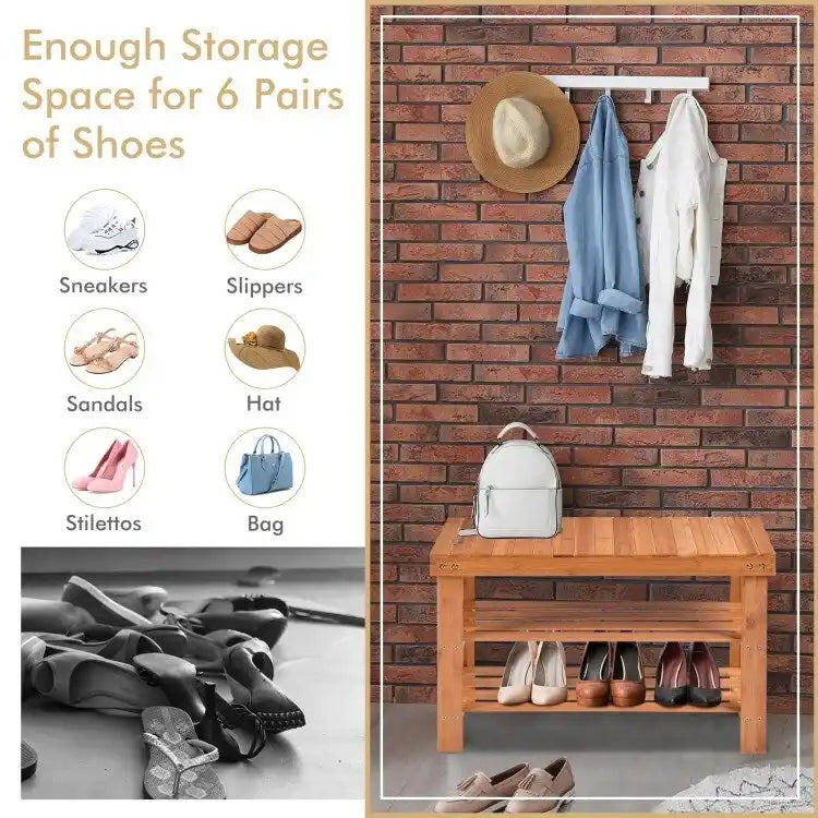 Bamboo Shoe Storage Bench with 2 Shelves - 27.5 x 11 x 17.5 in