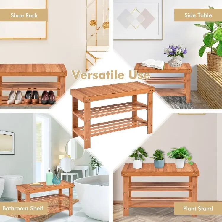 Bamboo Shoe Storage Bench with 2 Shelves - 27.5 x 11 x 17.5 in