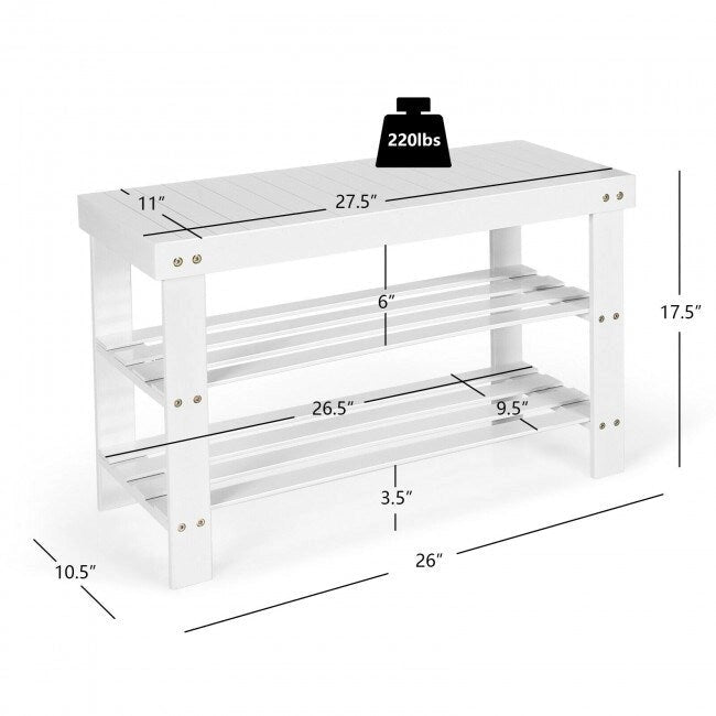Bamboo Shoe Storage Bench with 2 Shelves - 27.5 x 11 x 17.5 in