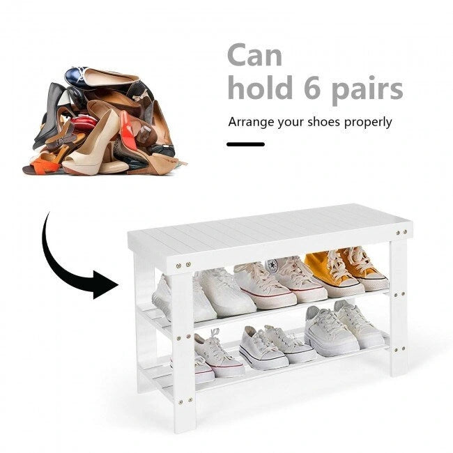 Bamboo Shoe Storage Bench with 2 Shelves - 27.5 x 11 x 17.5 in