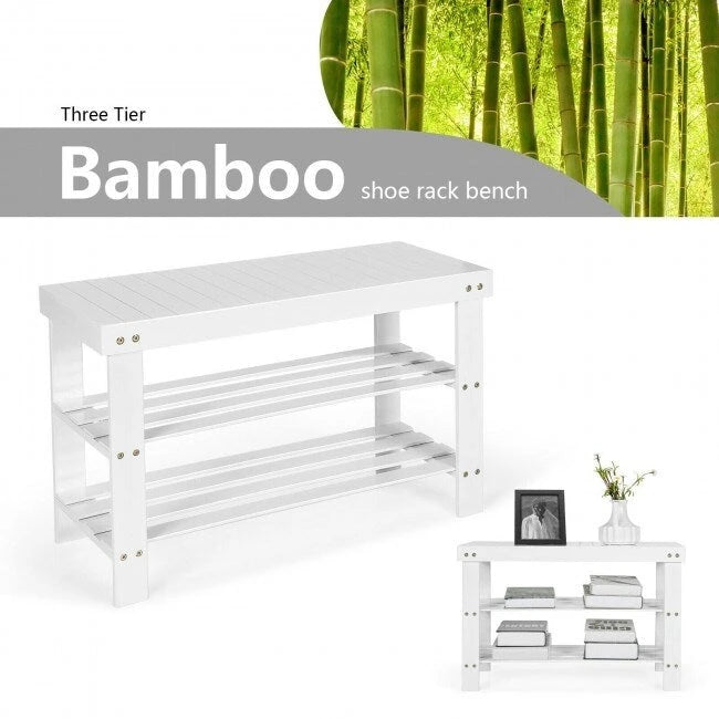 Bamboo Shoe Storage Bench with 2 Shelves - 27.5 x 11 x 17.5 in