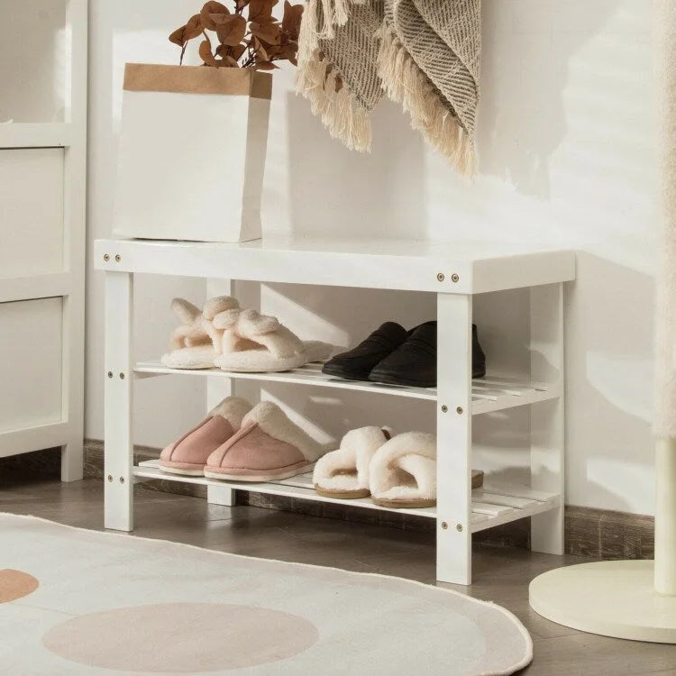 Bamboo Shoe Storage Bench with 2 Shelves - 27.5 x 11 x 17.5 in
