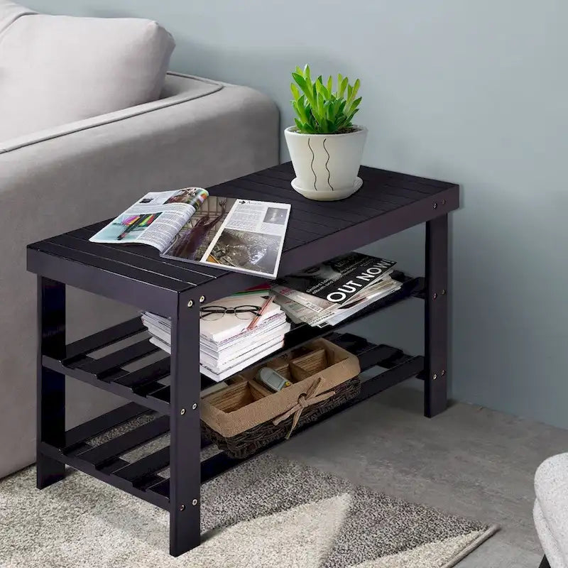 Bamboo Shoe Storage Bench with 2 Shelves - 27.5 x 11 x 17.5 in