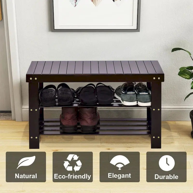 Bamboo Shoe Storage Bench with 2 Shelves - 27.5 x 11 x 17.5 in