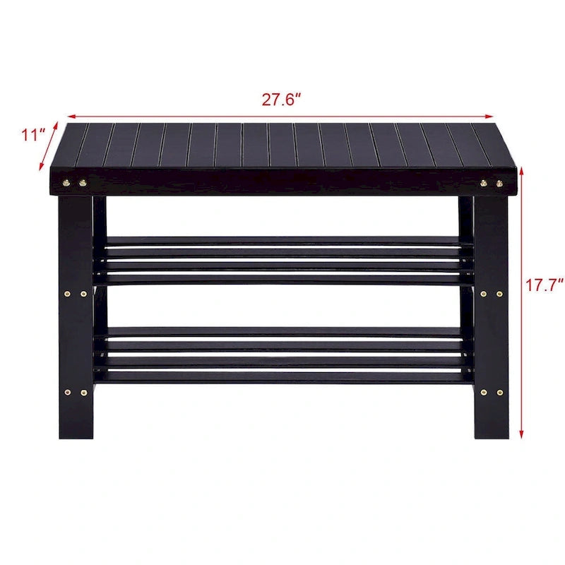 Bamboo Shoe Storage Bench with 2 Shelves - 27.5 x 11 x 17.5 in