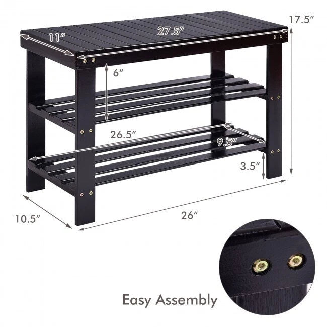Bamboo Shoe Storage Bench with 2 Shelves - 27.5 x 11 x 17.5 in