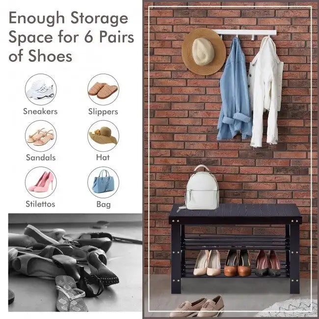 Bamboo Shoe Storage Bench with 2 Shelves - 27.5 x 11 x 17.5 in