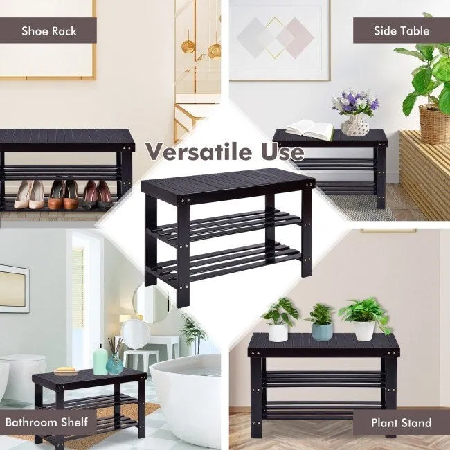 Bamboo Shoe Storage Bench with 2 Shelves - 27.5 x 11 x 17.5 in