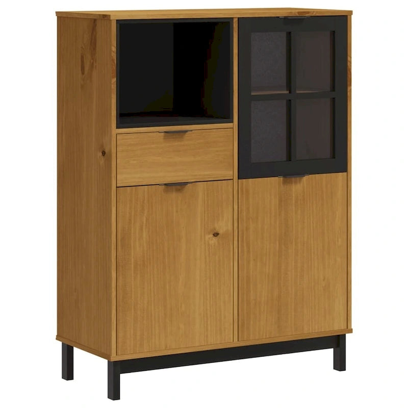 Vitrina alta de madera maciza de pino con puerta de vidrio, acabado de roble, 36.2 x 15.7 x 48.2