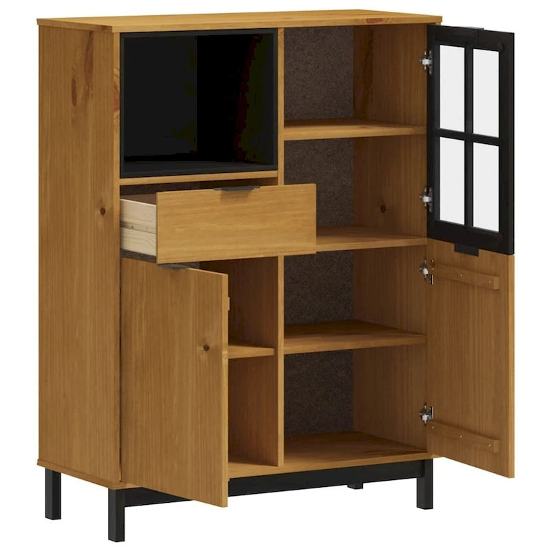 Vitrina alta de madera maciza de pino con puerta de vidrio, acabado de roble, 36.2 x 15.7 x 48.2