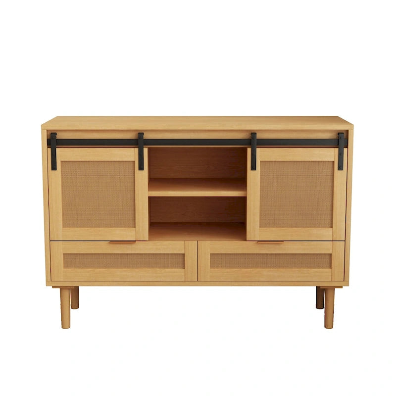Mobile contenitore con anta scorrevole stile fienile e dettagli in rattan