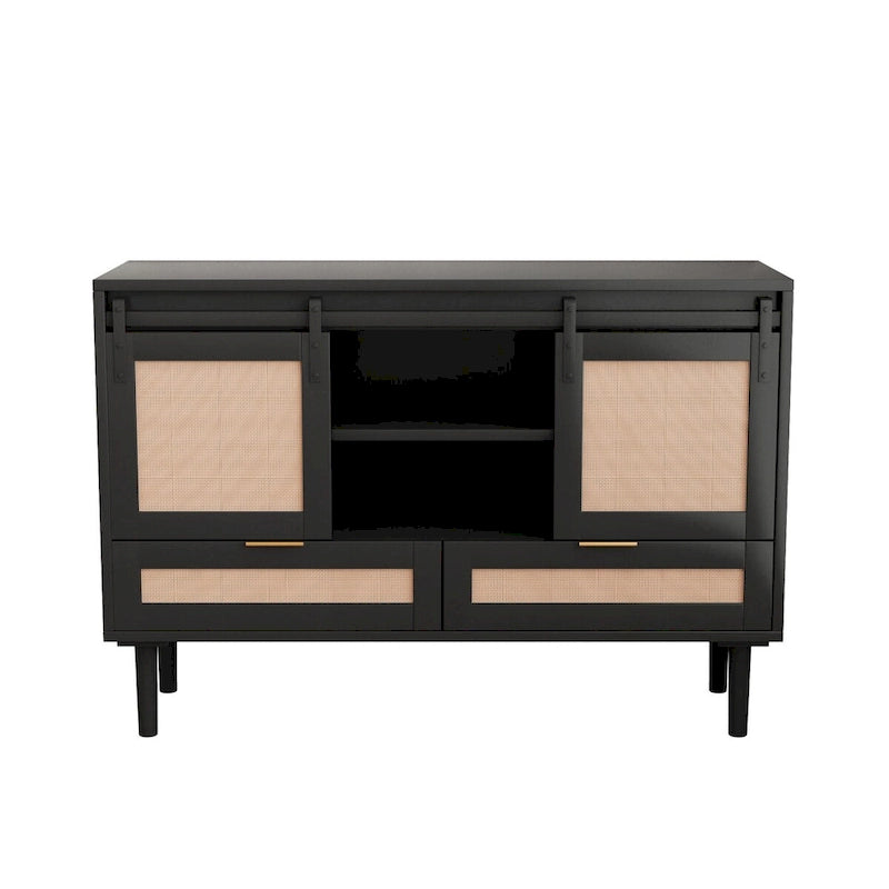 Mobile contenitore con anta scorrevole stile fienile e dettagli in rattan
