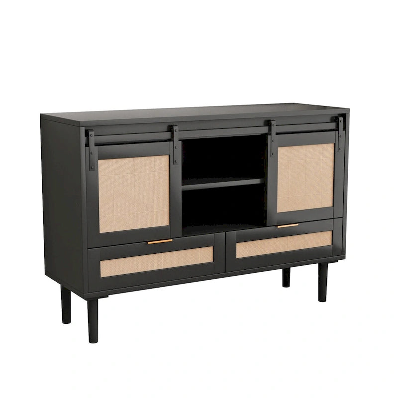 Mobile contenitore con anta scorrevole stile fienile e dettagli in rattan