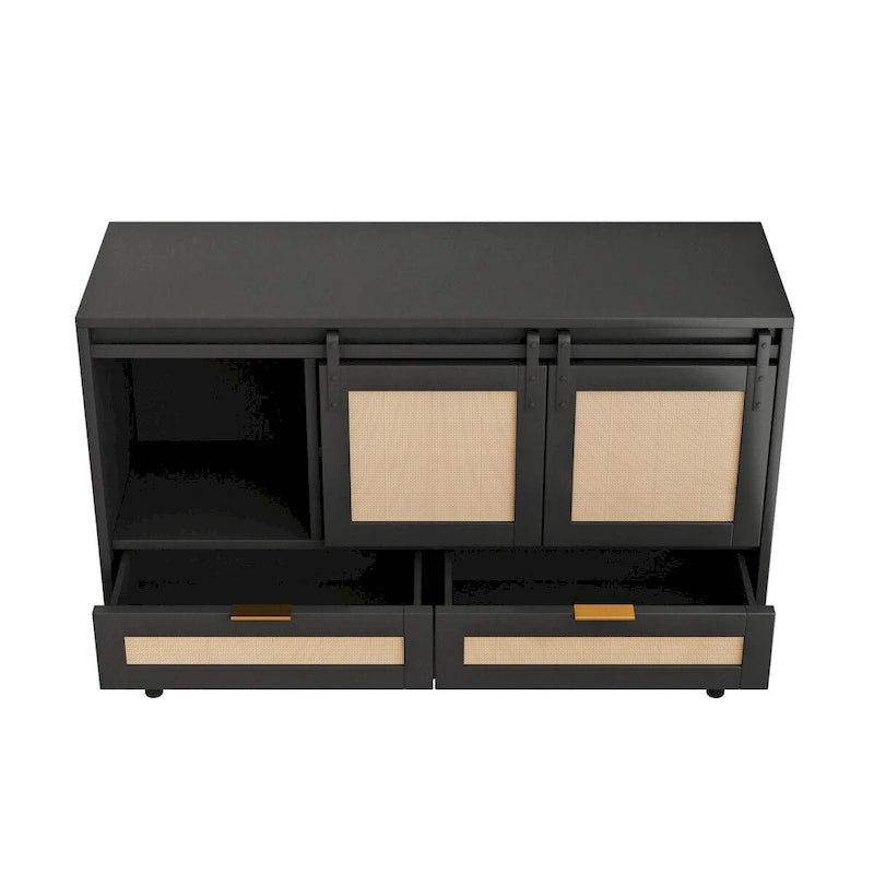 Mobile contenitore con anta scorrevole stile fienile e dettagli in rattan