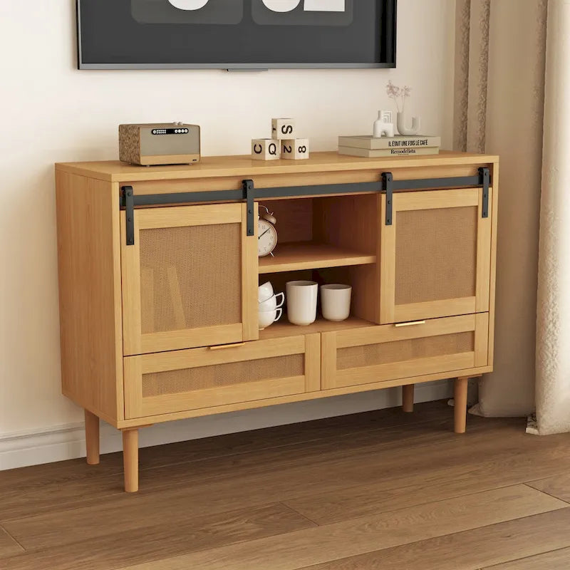 Mobile contenitore con anta scorrevole stile fienile e dettagli in rattan