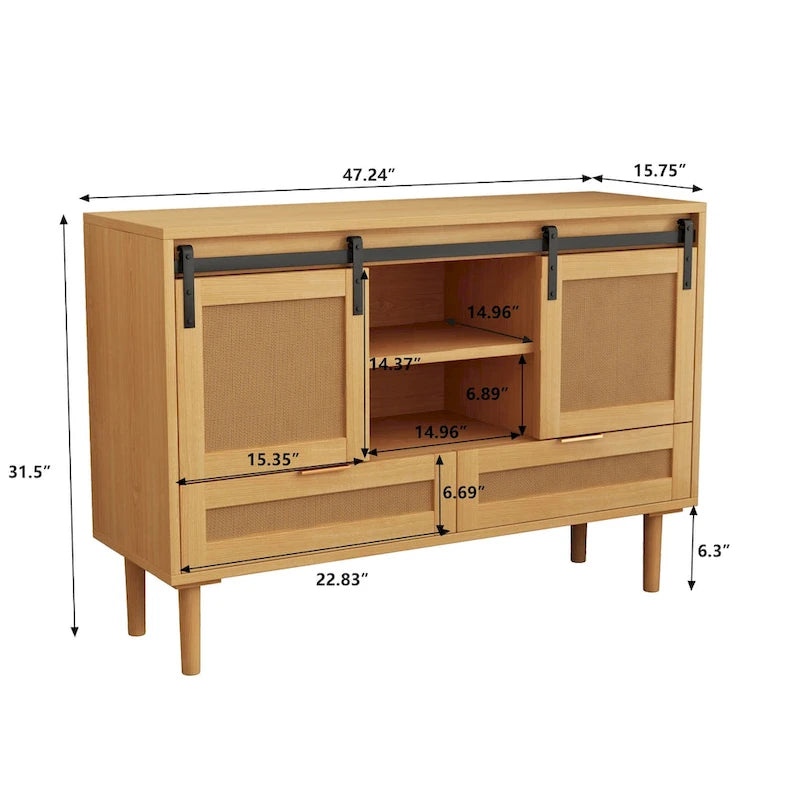 Mobile contenitore con anta scorrevole stile fienile e dettagli in rattan