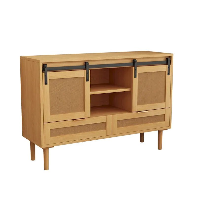 Mobile contenitore con anta scorrevole stile fienile e dettagli in rattan