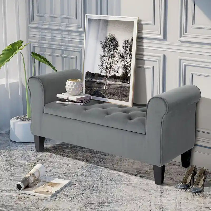 Button-Tufted Storage Ottoman Bench with Rolled Armrests