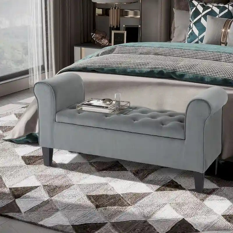 Velvet-Touch Tufted Storage Bench with Rolled Arms