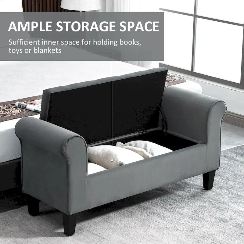 Velvet-Touch Tufted Storage Bench with Rolled Arms