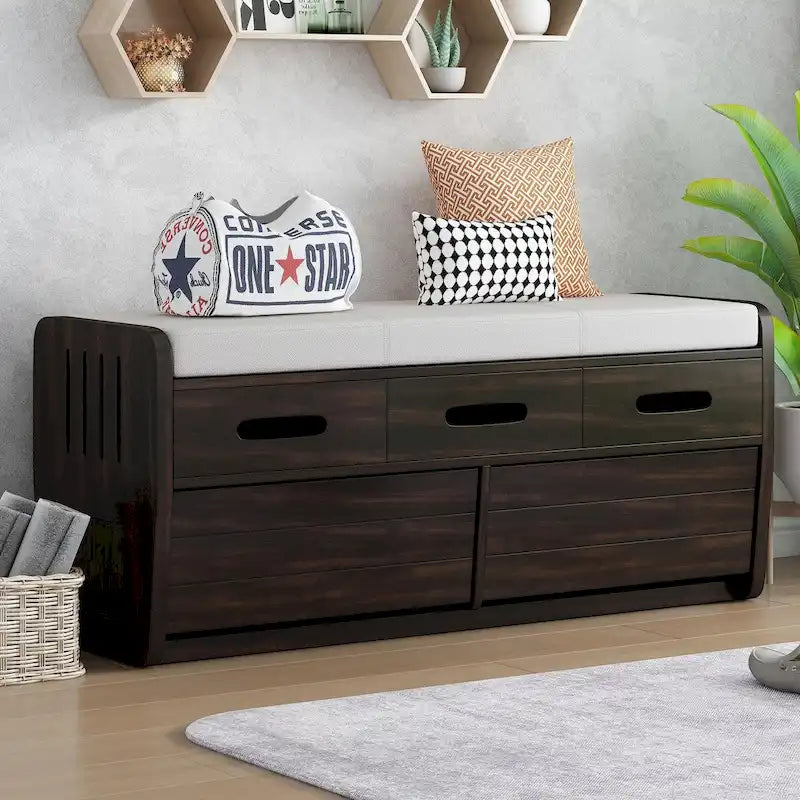 Rustic Wooden Shoe Storage Bench with 2 Drawers and Cushion