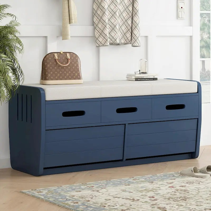 Rustic Wooden Shoe Storage Bench with 2 Drawers and Cushion