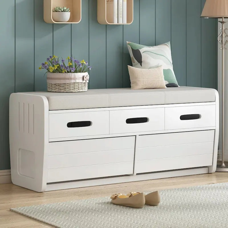 Rustic Wooden Shoe Storage Bench with 2 Drawers and Cushion
