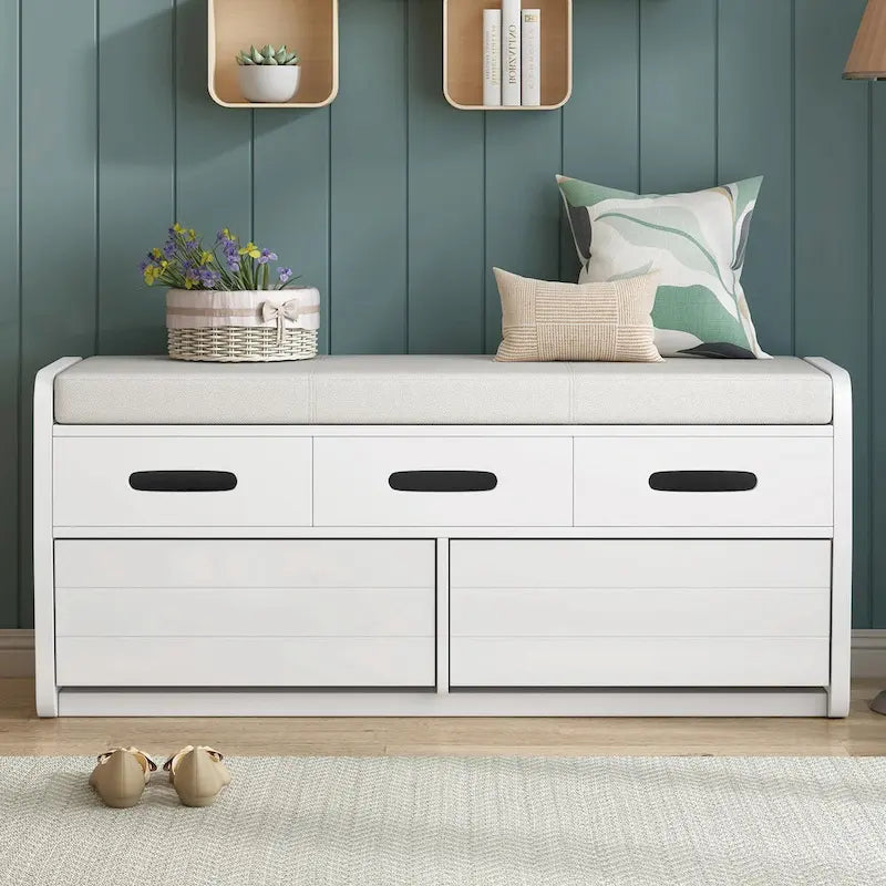 Rustic Wooden Shoe Storage Bench with 2 Drawers and Cushion