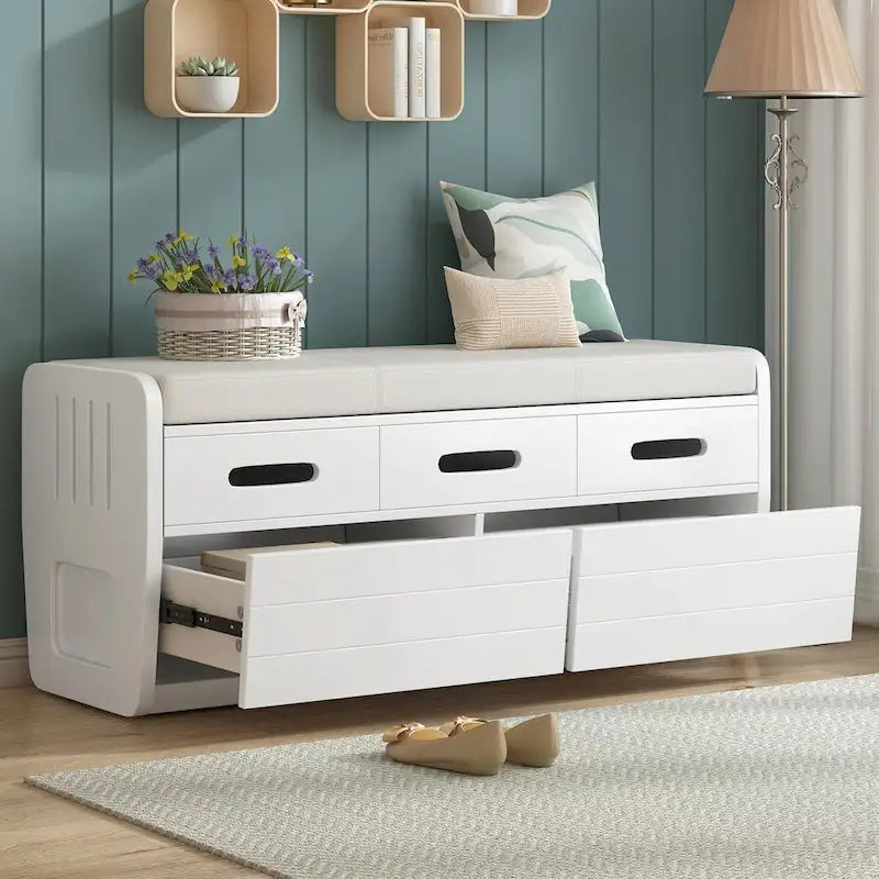 Rustic Wooden Shoe Storage Bench with 2 Drawers and Cushion