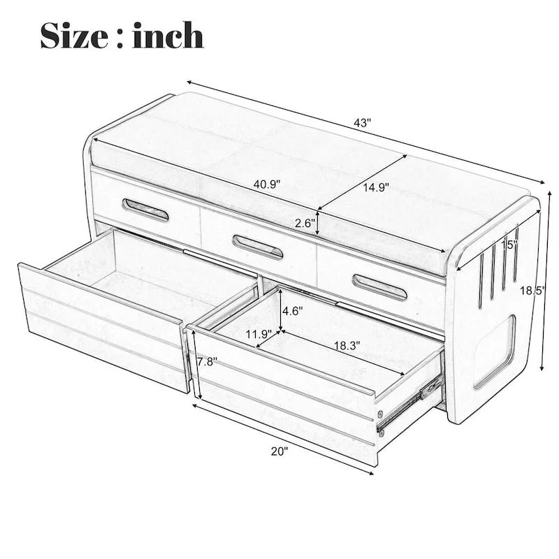 Rustic Wooden Shoe Storage Bench with 2 Drawers and Cushion
