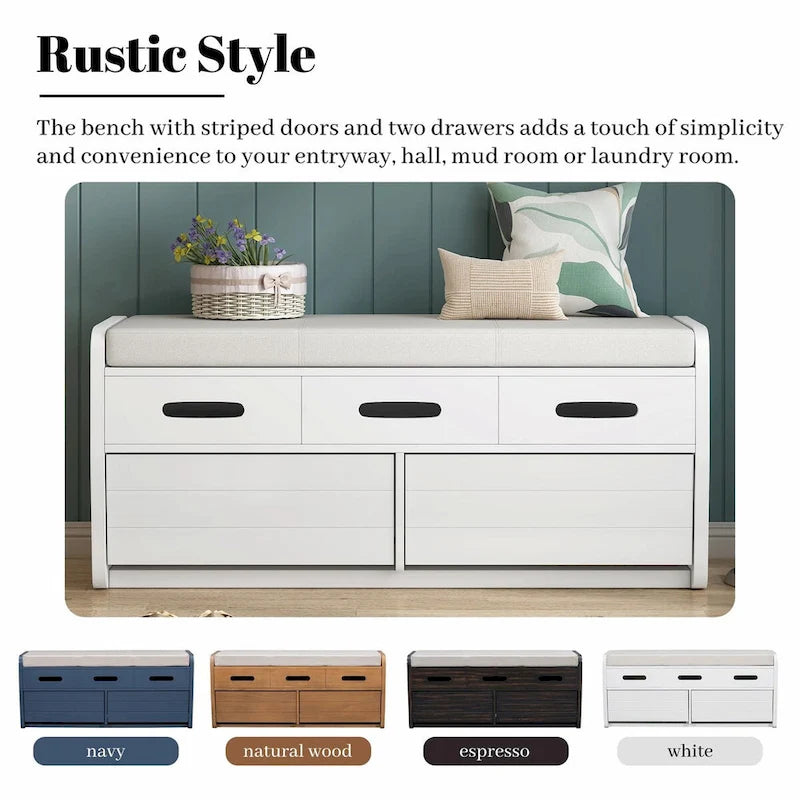 Rustic Wooden Shoe Storage Bench with 2 Drawers and Cushion